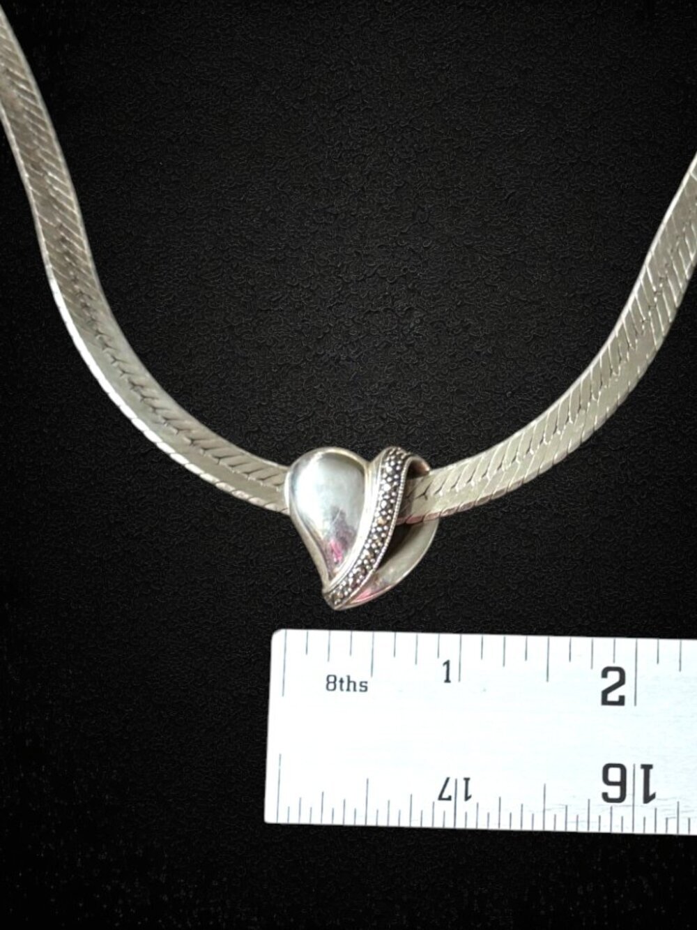 Vintage 925 Sterling Silver Marcasite Heart Slide Pendant Enhancer 5.2g - Picture 7 of 7